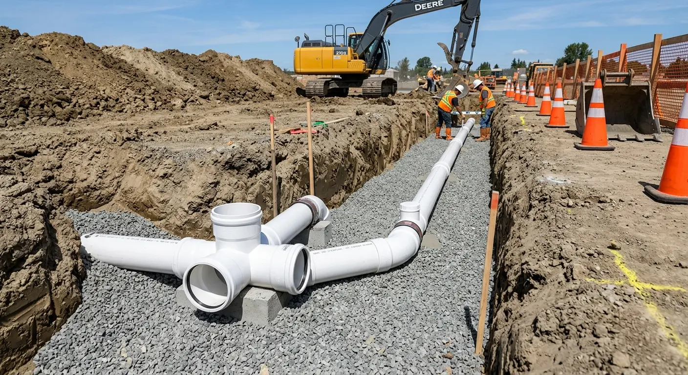 New PVC sewer pipe installation in open trench for Commercial Drain Cleaning in Hoquiam