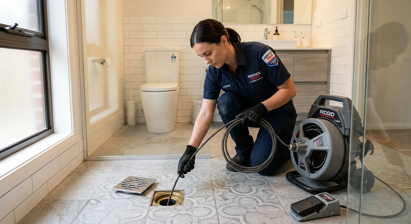 Technician clearing a bathroom floor drain for Drain Cleaning in Hoquiam